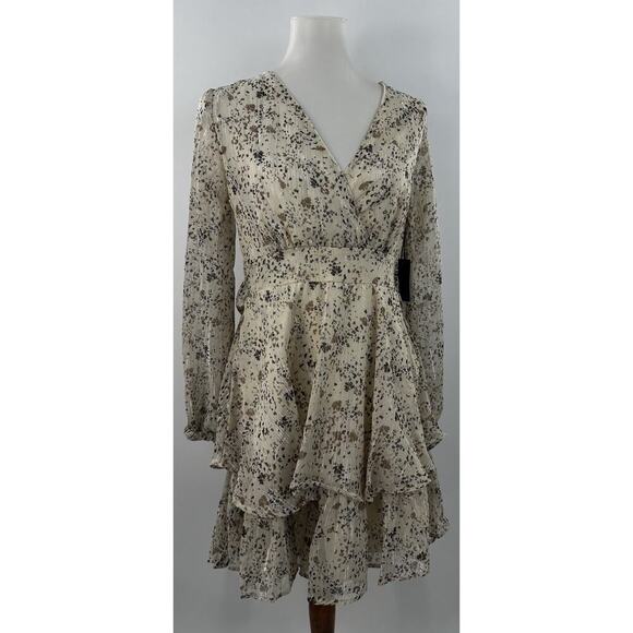 Japna Dresses & Skirts - Japna Beige Floral Metallic Ruffle Tiered Long Sleeve V-Neck Mini Dress Size M